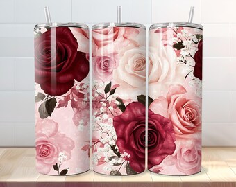 Alla hjärtans dag-tumblersjal, sömlös 20oz smal ros-tumbler sublimering PNG - raka och avsmalnande filer - digitala