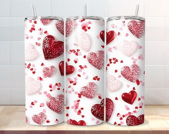 Valentine's Day Tumbler Wrap, Seamless 20oz Skinny Glitter Hearts Tumbler Sublimation PNG - Straight & Tapered Files - Digital