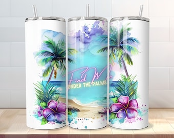 Strand Tumbler Wrap - 20 Unze Skinny Tropical Tumbler Sublimation - Ocean Blumen Palmen PNG Design - Digital Download