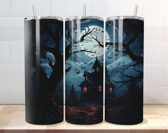 Halloween Tumbler Wrap 20 oz Skinny Sublimation PNG Design - Haunted House Tumbler - Gerade und konische Vorlagen - Digital Download