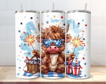 4. Juli Tumbler Wrap - 20 Unzen Skinny Highland Kuh Sublimation PNG Design - Straight & Tapered Vorlagen - Digital Download