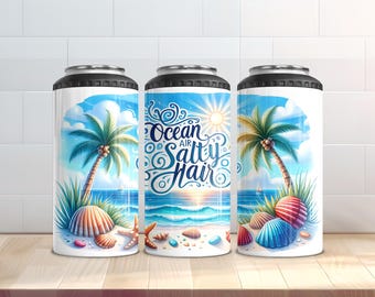 4 in 1 Dosenkühler Strand Sublimationsdesign - Ocean Air Salty Hair PNG - Sommer Muschel Palme Wrap - Digitaler Download