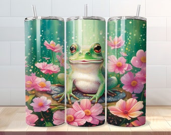 Frosch Tumbler Wrap, 20 Unzen Skinny Tumbler, Blumen Frosch Sublimation PNG Design - Gerade & Verjüngt Vorlagen - Digitaler Download