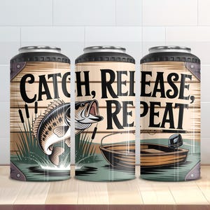 May include: Three metal beverage containers with a fishing theme. The design features a leaping fish, a boat, and the text "CATCH, RELEASE, REPEAT" on a wooden plank background. The containers have a black top and bottom.