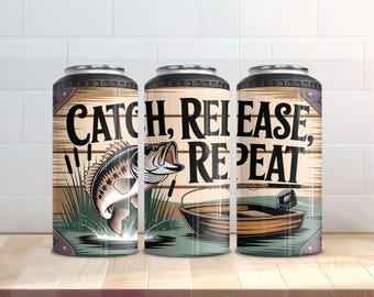 4 in 1 Dosenkühler Angeln PNG Sublimationsdesign - Fangen-Release-Wiederholung - Bierliebhaber Naturbursche Wrap - Digitaler Download
