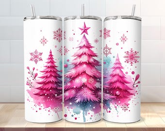 Pink Christmas Tree Tumbler Wrap, 20 Unzen Skinny Tumbler Sublimation PNG - Straight & Tapered Files - Digital