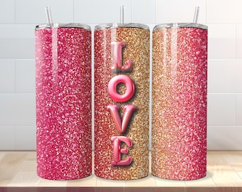Alla hjärtans dag-tumblersjal, sömlös 20oz smal glittertumbler sublimering PNG - raka och avsmalnande filer - digital nedladdning