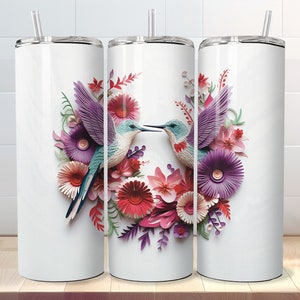 Hummingbird Tumbler Wrap Floral Paper Art Flowers 20oz Skinny Bird Lovers Tumbler PNG - Straight & Tapered Templates - Digital Download