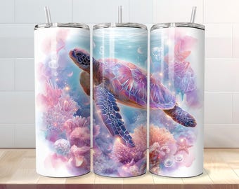 Sea Turtle Tumbler Wrap PNG für 20 Unzen Skinny Tumbler - Sublimations-Schildkrötendesign - Pastell-Meeresschildkrötenverpackung - Korallenriff PNG Art