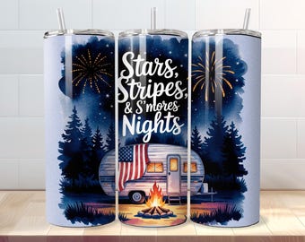 Stars Stripes and S’mores Nights Tumbler Wrap PNG für 20 Unzen Skinny Tumbler - 4. Juli Camping Sublimation Design - Digital Download
