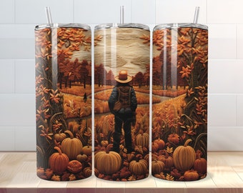 Herbstszene gestickter Tumbler Wrap 20 Unze Skinny Sublimationsdesign PNG-Format - Gerade und konische Vorlagen - Digitaler Download