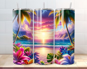 Envoltura para vaso playero - Vaso delgado de 20 oz con diseño de atardecer en el océano - Diseño PNG de flores tropicales y palmeras - Descarga digital