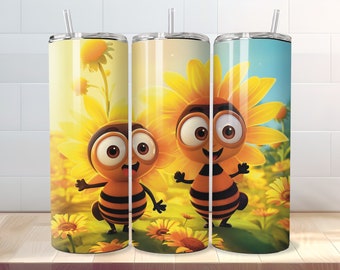 Niedliche Cartoon-Bienen und Sonnenblumen 20 Unzen Skinny Tumbler PNG Wrap - Gerade & Verjüngt PNG Vorlagen - Digital Download