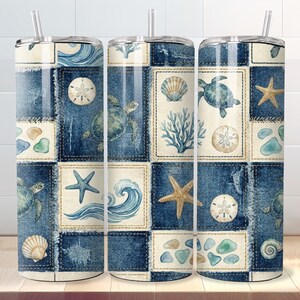Sea Turtle Tumbler Wrap PNG | Beach Denim Patchwork 20 oz Skinny Wrap | Coastal Ocean Sublimation Design