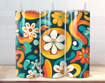 Groovy Retro Floral Tumbler Wrap - Seamless 20 oz Skinny Tumbler Sublimation - Daisy PNG Design - Digital Download