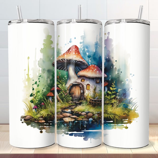 Cottagecore Tumbler Wrap - Small House, Mushrooms, Forest - 20 oz Skinny Sublimation PNG - Straight & Tapered Templates - Digital Download