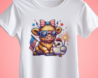 4. Juli Highland Cow Huhn - Hemd mit der amerikanischen Flagge Sublimation PNG Design - Instant Download