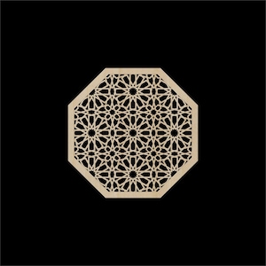 May include: A wooden octagon-shaped decorative wall hanging with a geometric pattern of stars and lines.