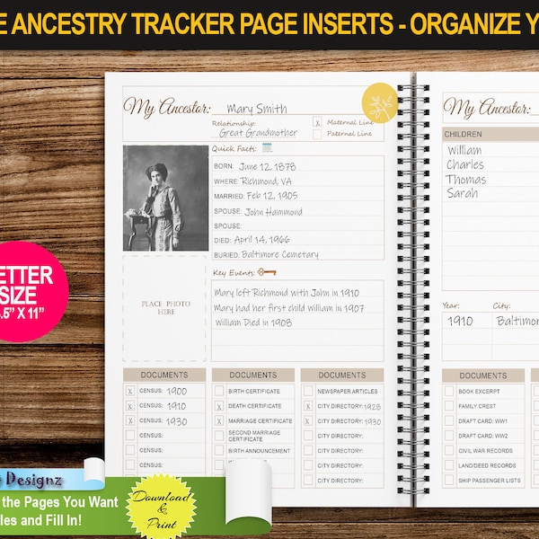 Genealogy Tracker | LETTER SIZE 8.5" x11" | Ancestry Printable Planner Insert Pages with Family Tree, Family Story, Census Pages and More