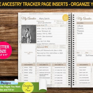 Genealogy Planner | LETTER Size 8.5" x 11" | Page Inserts with VINTAGE BACKGROUND | Printable with Family Tree Pages, Notes, Scheduler, More