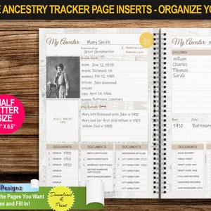 Genealogy Tracker HALF Letter Size Ancestry Planner Insert Pages Printable  With Family Tree Pages, Organizer, Scheduler and Much More 