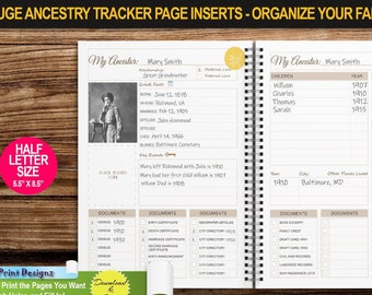 Genealogy Tracker | HALF Letter Size | Ancestry Planner Insert Pages | Printable with Family Tree Pages, Organizer, Scheduler and Much More