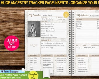 Genealogy Planner | LETTER Size 8.5&quot; x 11&quot; | Page Inserts with VINTAGE BACKGROUND | Printable with Family Tree Pages, Notes, Scheduler, More