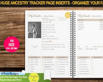 Ancestry Tracker | A4 PAPER SIZE | Genealogy Planner Inserts | Printable with Family Tree Pages, Organizer, To Find List and Much More
