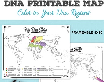Genealogy Printable DNA Map | Color Your Individual DNA Regions | Ancestry at a Glance Map | Fillable PDF Journal Insert Page & 8x10 Jpg