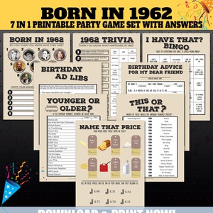 1962 Birthday Party Games, 1962 Party Trivia Games, Born in 1962 Trivia Game, Price Game, Name the Celebrity, Younger or Older, PRINTABLE