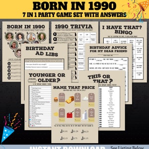 Giochi per feste di compleanno del 1990, Giochi di curiosità per feste del 1990, Gioco di curiosità nato nel 1990, Gioco di prezzi, Nome della celebrità, Più giovane o più vecchio, STAMPABILE