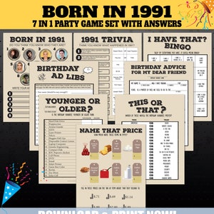 Giochi per feste di compleanno del 1991, Giochi di curiosità per feste del 1991, Gioco di curiosità nato nel 1991, Gioco di prezzi, Nome della celebrità, Più giovane o più vecchio, STAMPABILE