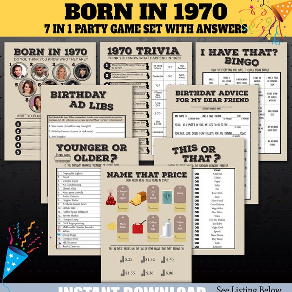 1970 Birthday Party Games, 1970 Party Trivia Games, Born in 1970 Trivia Game, Price Game, Name the Celebrity, Younger or Older, PRINTABLE