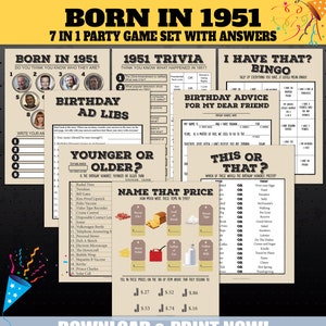1951 Birthday Party Games, 1951 Party Trivia Games, Born in 1951 Trivia Game, Price Game, Name the Celebrity, Younger or Older, PRINTABLE