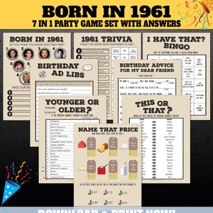 Giochi per feste di compleanno del 1961, Giochi di curiosità per feste del 1961, Gioco di curiosità nato nel 1961, Gioco di prezzi, Nome della celebrità, Più giovane o più vecchio, STAMPABILE
