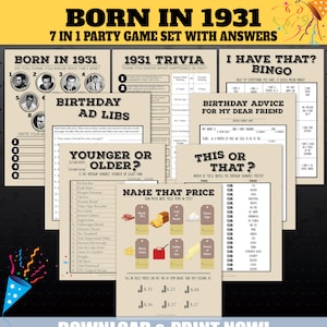 Juegos de fiesta de cumpleaños de 1931, juegos de trivia de fiesta de 1931, juego de trivia nacido en 1931, juego de precios, nombre de la celebridad, más joven o mayor, IMPRIMIBLE