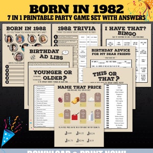Giochi per feste di compleanno del 1982, Giochi di curiosità per feste del 1982, Gioco di curiosità nato nel 1982, Gioco di prezzi, Nome della celebrità, Più giovane o più vecchio, STAMPABILE
