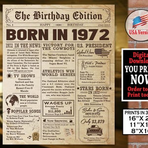 1972 Birthday NEWSPAPER Poster for 1972 Birthday | 1972 Birthday Gift for him or her | Party Decoration Printable Poster | Instant Download