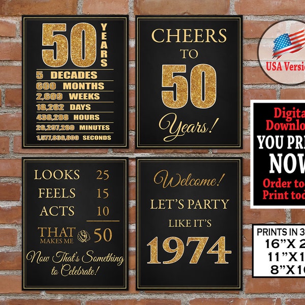 50th Birthday Party Decoration Posters | GOLD Cheers to 50 years | Let's Party Like 1974 | 50th Birthday Signs INSTANT DOWNLOAD Party Decor