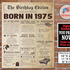 50th Birthday Newspaper Poster for 1975, Birthday Gift for Him or Her, 50th Birthday Party Decoration, Instant Digital Download