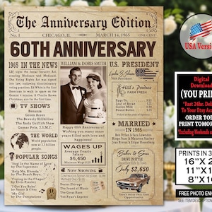 60th Anniversary 1965 Newspaper Photo Poster, 1965 Diamond Anniversary, 60th Anniversary Party Sign, 60th Anniversary Gift, Personalized