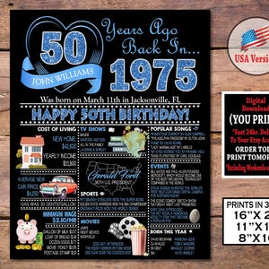 50th Birthday Poster, 1975 BLUE Birthday Party Sign, 50th Birthday Gift for Him or Her, Born in 1975 Personalized Digital Download