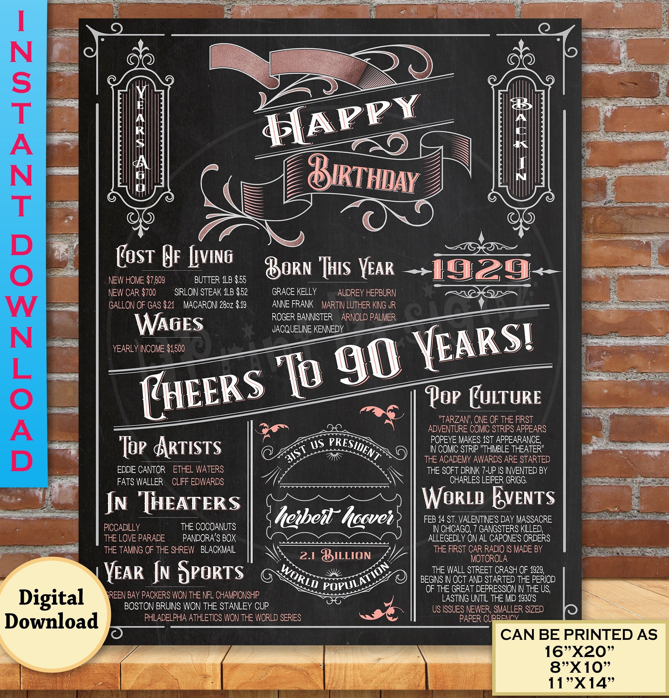 1929 Birthday Poster 90th Birthday Gift For Her 90th Adult Birthday Rose Gold Back In Year 1929 Digital Printable Instant Download - 