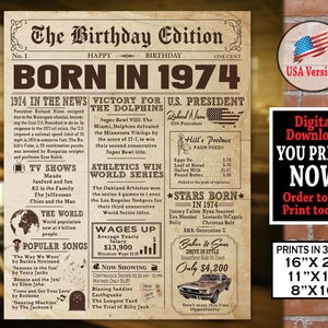 Born in 1974 Birthday NEWSPAPER Poster| 1974 Birthday Gift for him or her | Party Decoration Printable Poster | Instant Download Party Sign