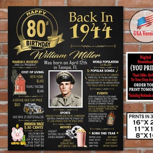 80th Birthday Poster, 1944 Birthday Party Decoration Sign, 80th Birthday Board, Gift for Woman or Man - Back in Year 1944 Personalized File