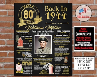 80th Birthday Poster, 1944 Birthday Party Decoration Sign, 80th Birthday Board, Gift for Woman or Man - Back in Year 1944 Personalized File