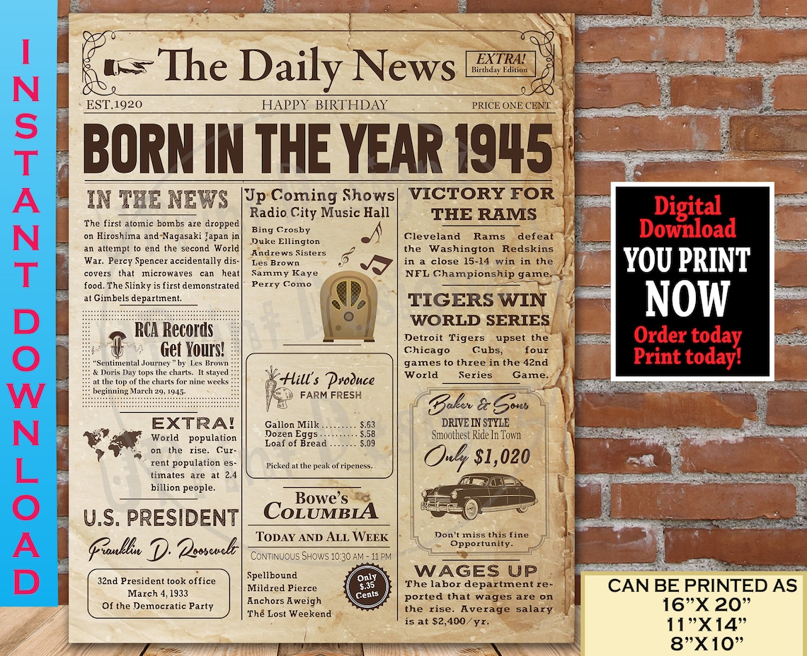 1945 Birthday Newspaper Poster 1945 Birthday T Sign Etsy
