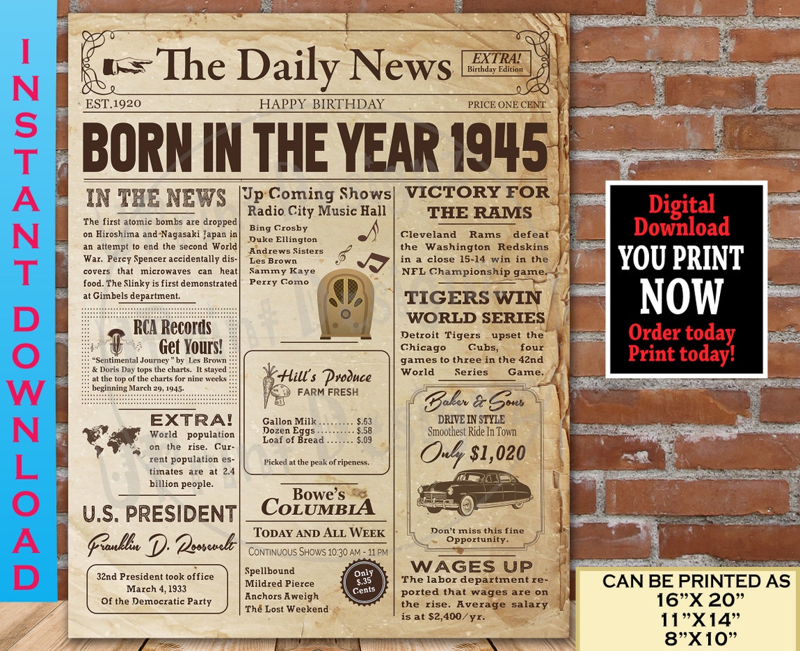 1945 Birthday NEWSPAPER Poster 1945 Birthday Gift Sign - Etsy