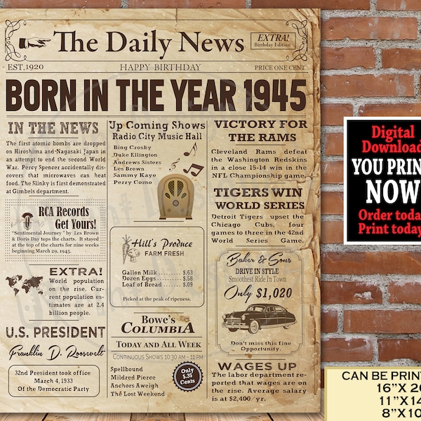 1945 Birthday NEWSPAPER Poster | 1945 Birthday Gift Sign Board, 1945 Adult Birthday Party Decoration | Printable Poster | Instant Download