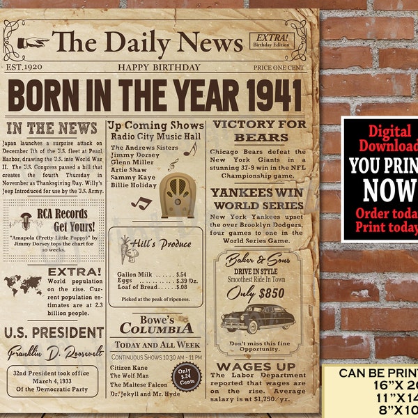 1941 Birthday NEWSPAPER Poster, 1941 Birthday Sign, 1941 Birthday Gift, Born in 1941, AUTHENTIC Look Printable Poster | Instant Download